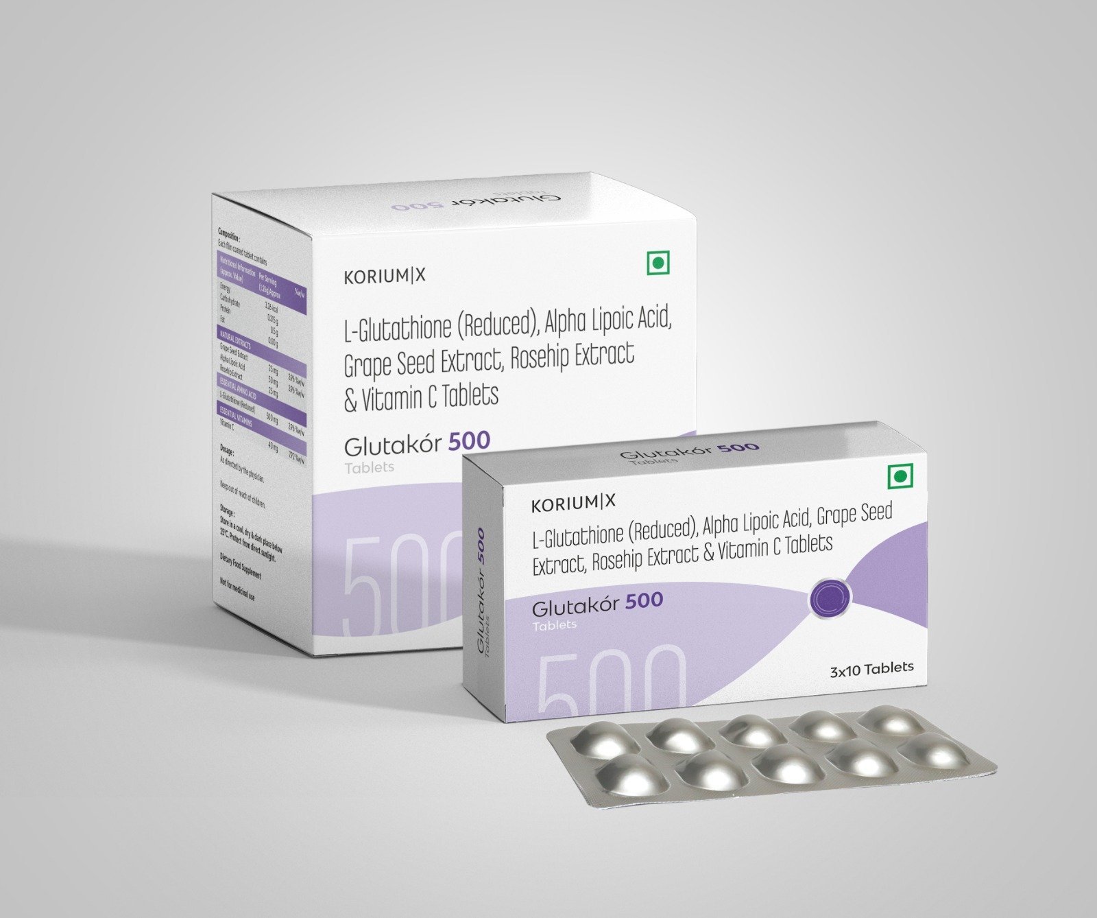 Glutakor 500 L-Glutathione, Alpha Lipoic Acid & Vitamin C Tablets