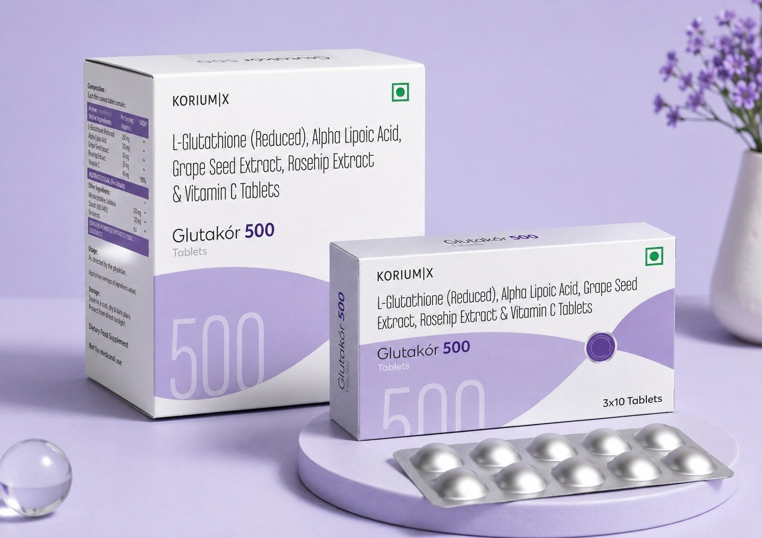 Glutakor 500 L-Glutathione, Alpha Lipoic Acid & Vitamin C Tablets