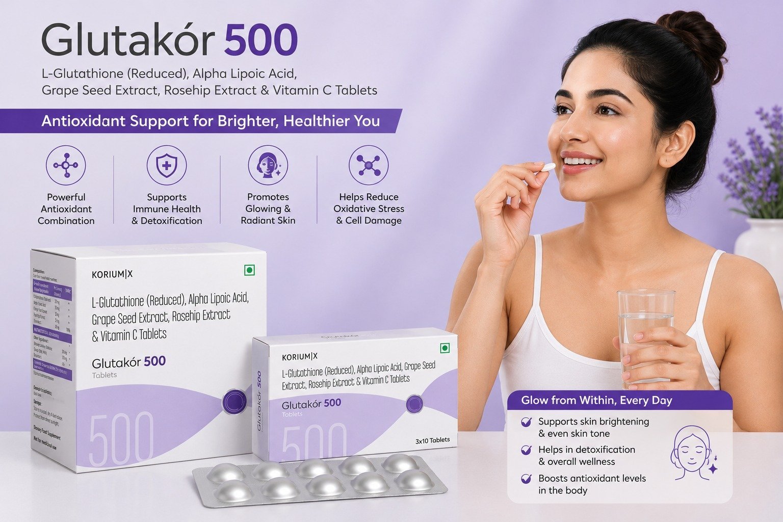Glutakor 500 L-Glutathione, Alpha Lipoic Acid & Vitamin C Tablets