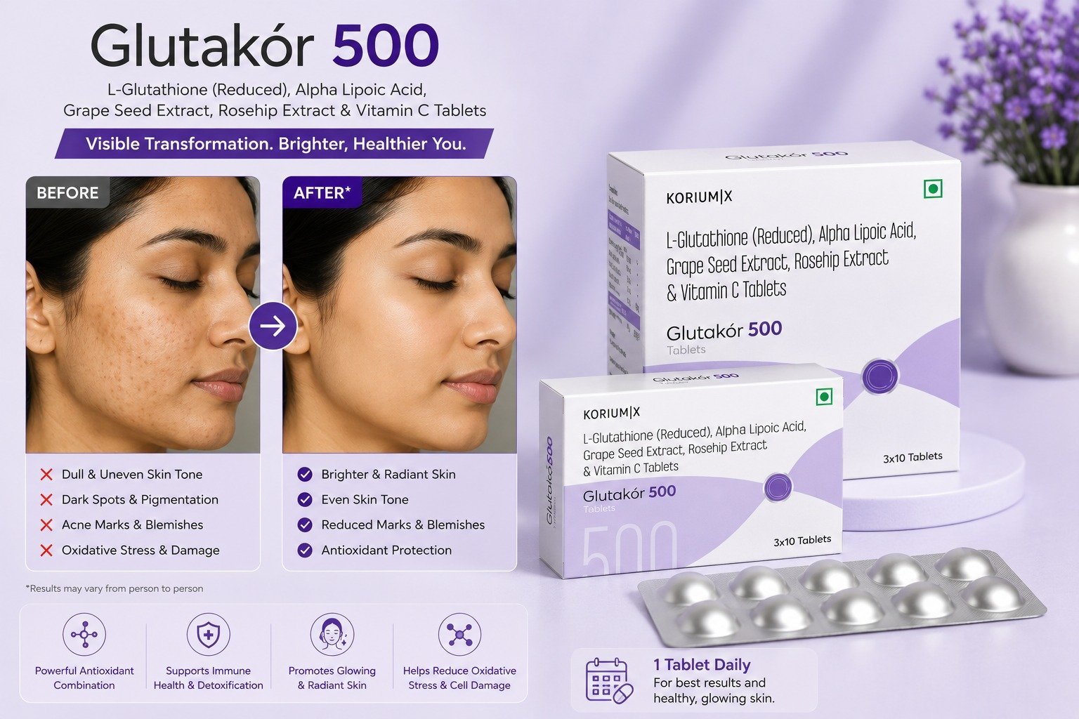 Glutakor 500 L-Glutathione, Alpha Lipoic Acid & Vitamin C Tablets